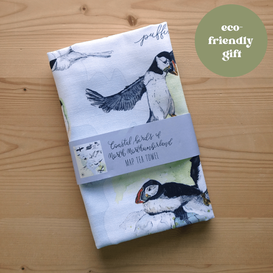 Coastal Birds of Northumberland Illustrated Map Tea Towel - Organic Cotton