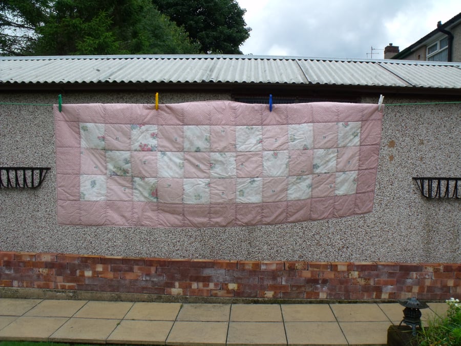 upcycled double bed runner, pink cottage style quilted oblong duvet