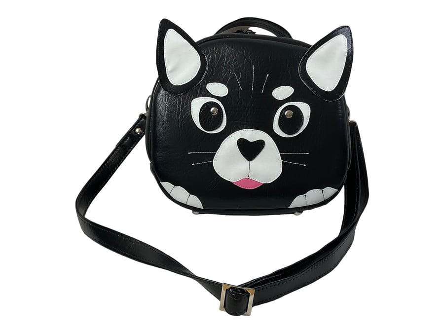 Bowler bag with cute cat face applique, faux leather medium crossbody bag