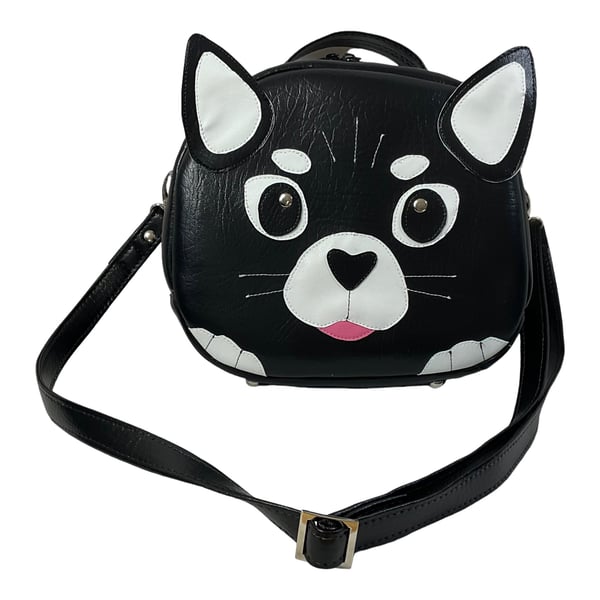 Bowler bag with cute cat face applique, faux leather medium crossbody bag