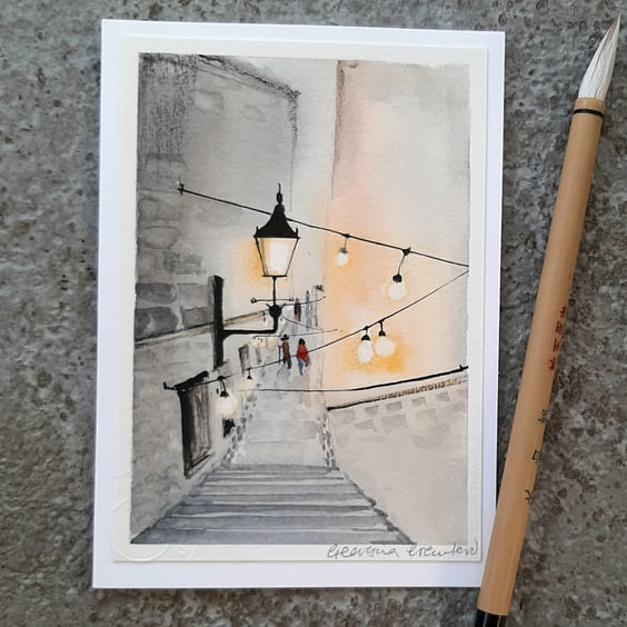 Lamplight. Handpainted Blank Card. Keepsake. Gift