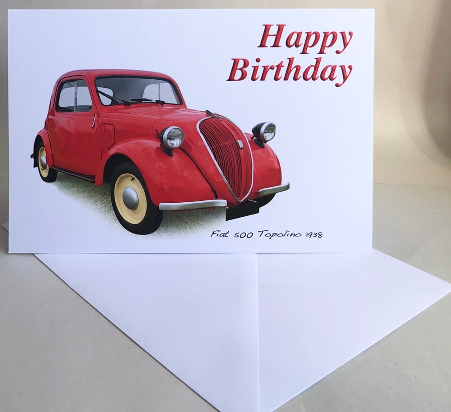 Fiat 500 Topolino 1938 -Birthday, Anniversary, Plain, Retirement Card & Envelope