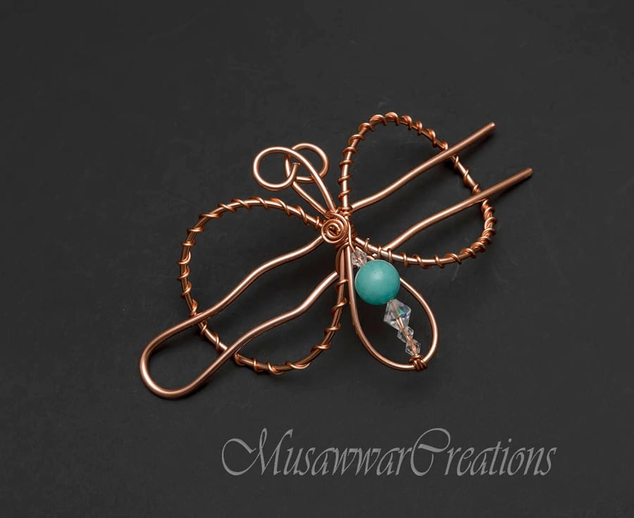 Butterfly Copper hair bun holder, solid copper hair bun pin,Hair slide