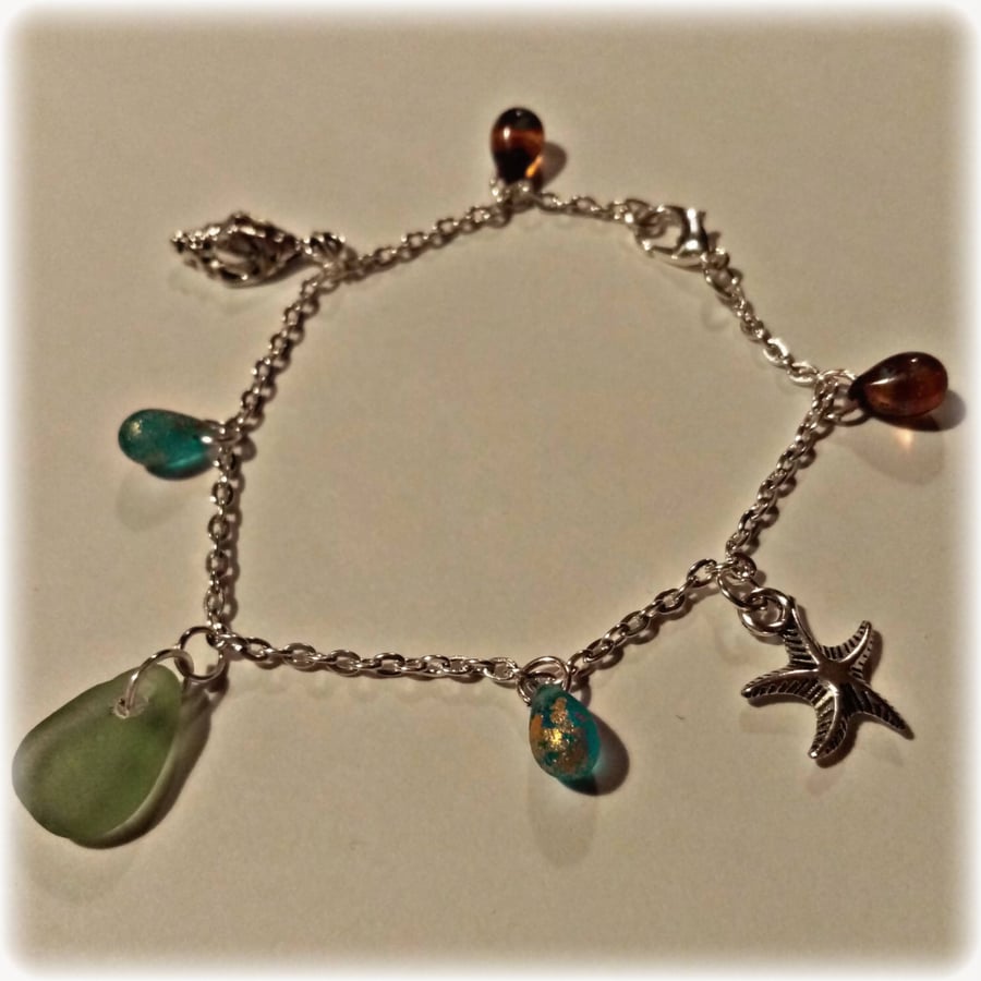 Unique Green Seaglass and Czech Glass Silver Charm Bracelet 