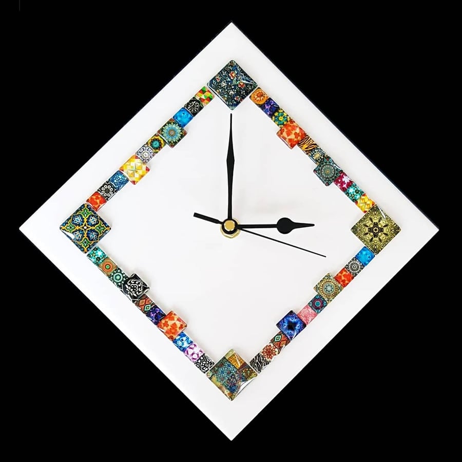 White Diamond Cabochon Wall Clock 28cm x 28cm