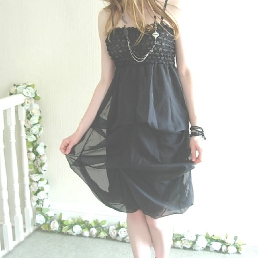 Black  - Bubble Shirred Hitch Up Dress
