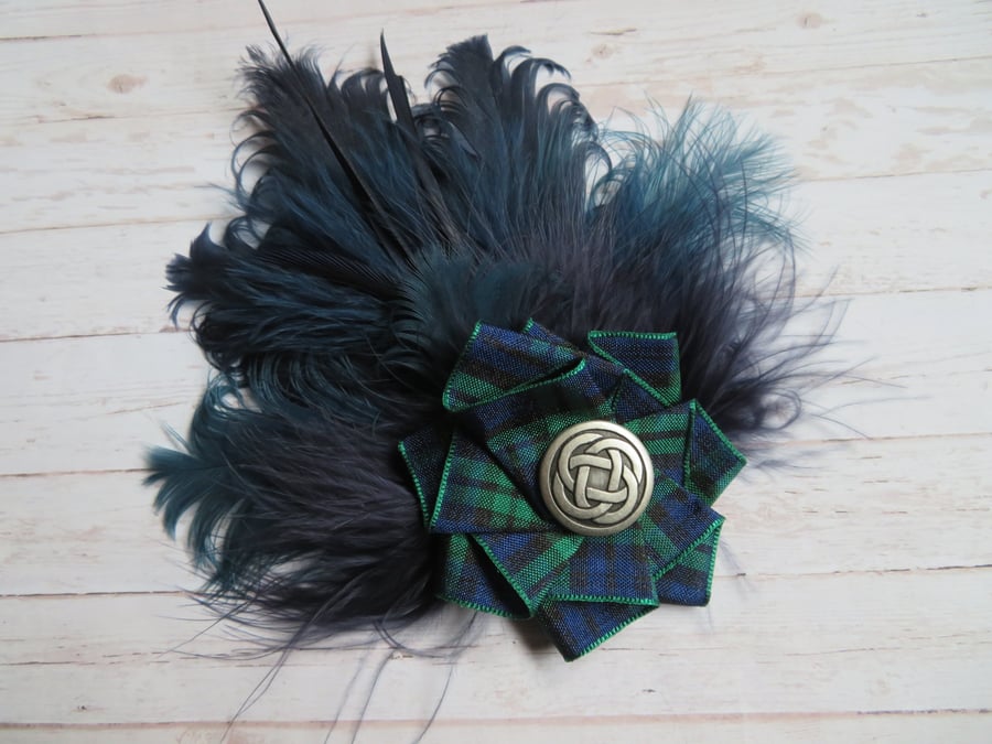 Navy Blue Celtic Tartan Feather Brooch