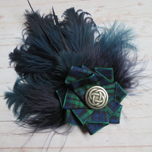 Navy Blue Celtic Tartan Feather Brooch