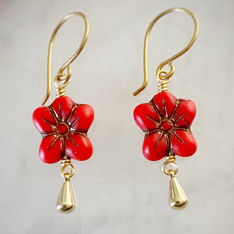 Red flower drop earrings