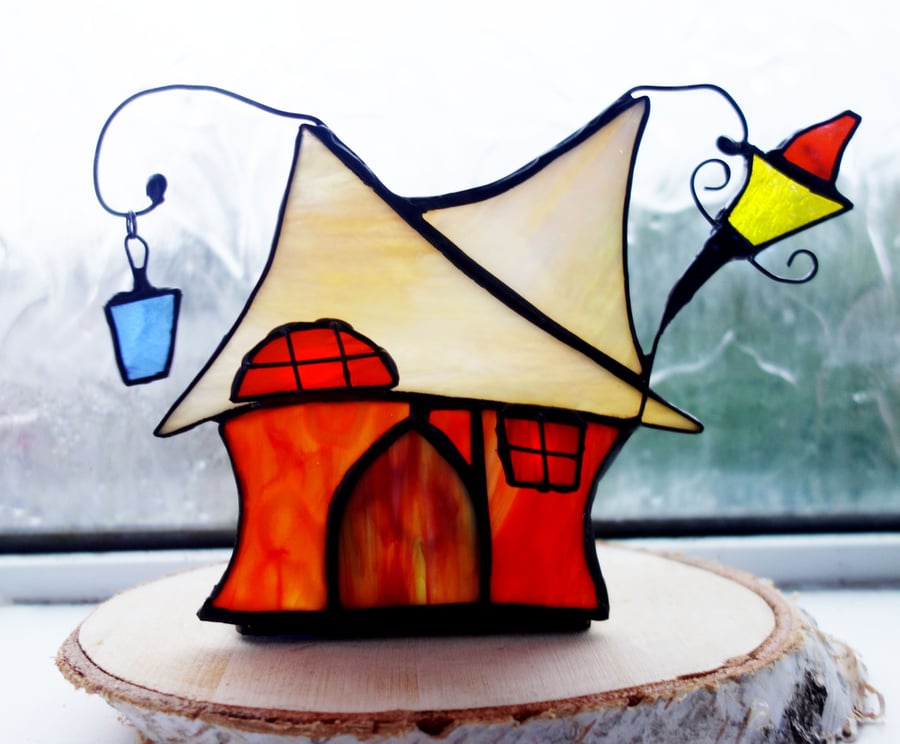 Tipsy Cottage Stained Glass Candle Night Light