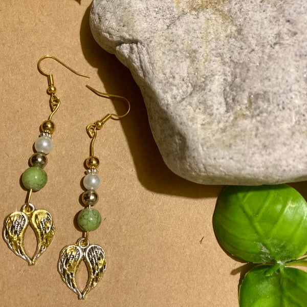 Silver Earrings with Gold Leaf Angel Wings - Boho style, Dangle, Freepost