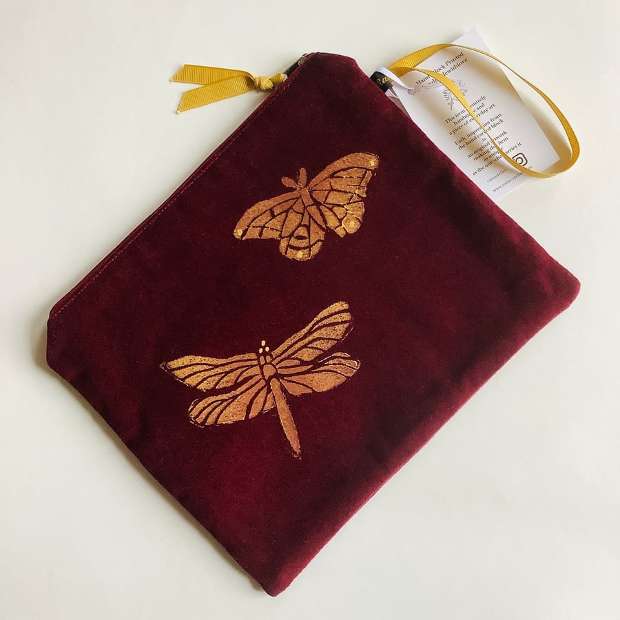 Wine Butterfly velvet medium zip-up pouch