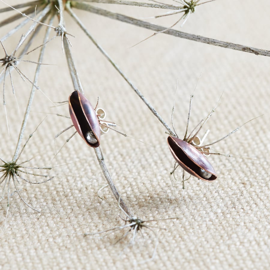 Copper and Silver  Allium Seed Pod Stud Earrings