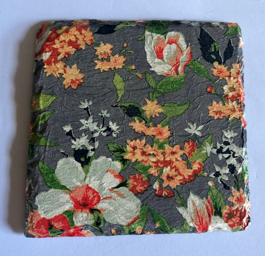 Set of 4 Handmade Decoupage Slate Coasters - Square Grey Flowers