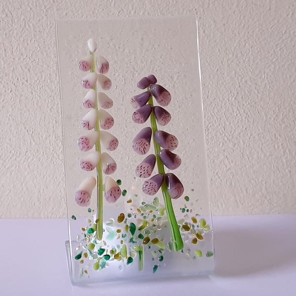 Fused glass freestanding panel ornament - foxgloves