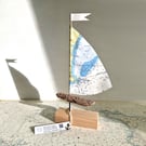 Devon, Slapton Sands, Beesands - driftwood sailboat, authentic nautical map sail