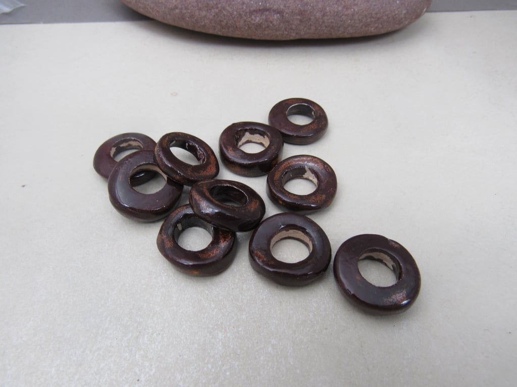 10 Medium Dark Copper Glazed Ceramic Donut Beads