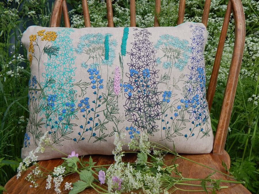 Delphinium, foxglove and wildflower Cushion - Screenprinted with hand embroidery