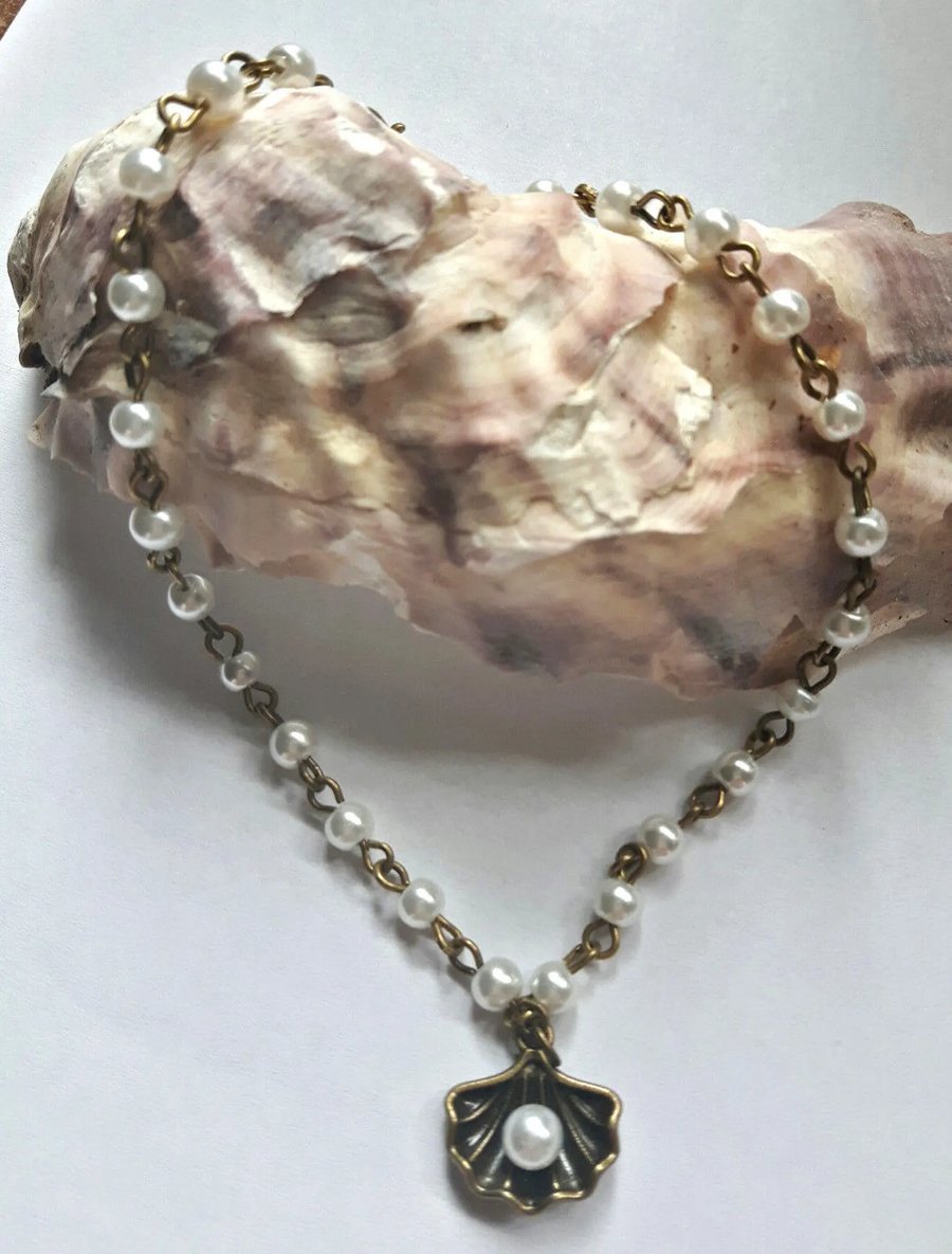 white PEARL bead bronze anklet ankle chain OYSTER SHELL 