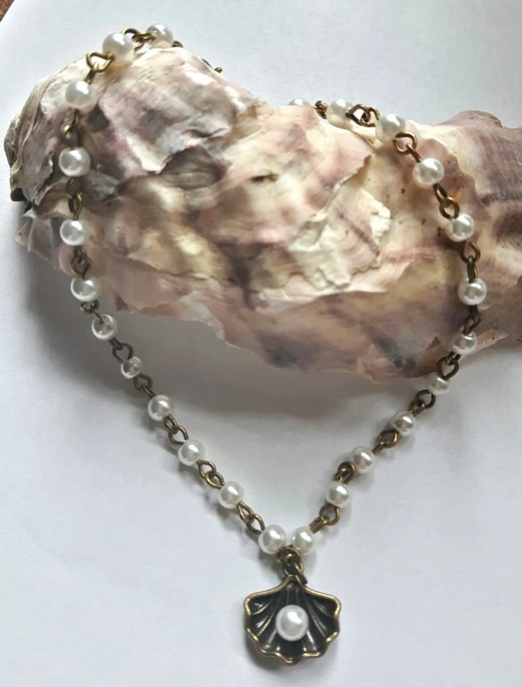 white PEARL bead bronze anklet ankle chain OYSTER SHELL 