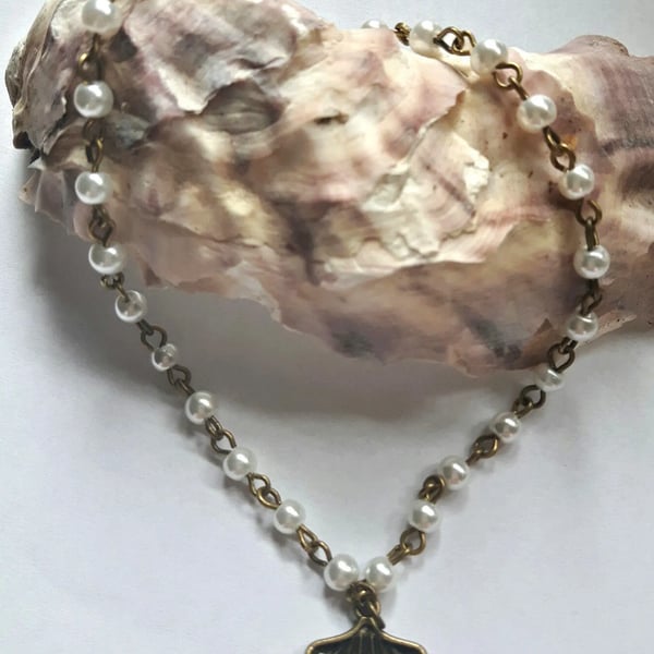 white PEARL bead bronze anklet ankle chain OYSTER SHELL 