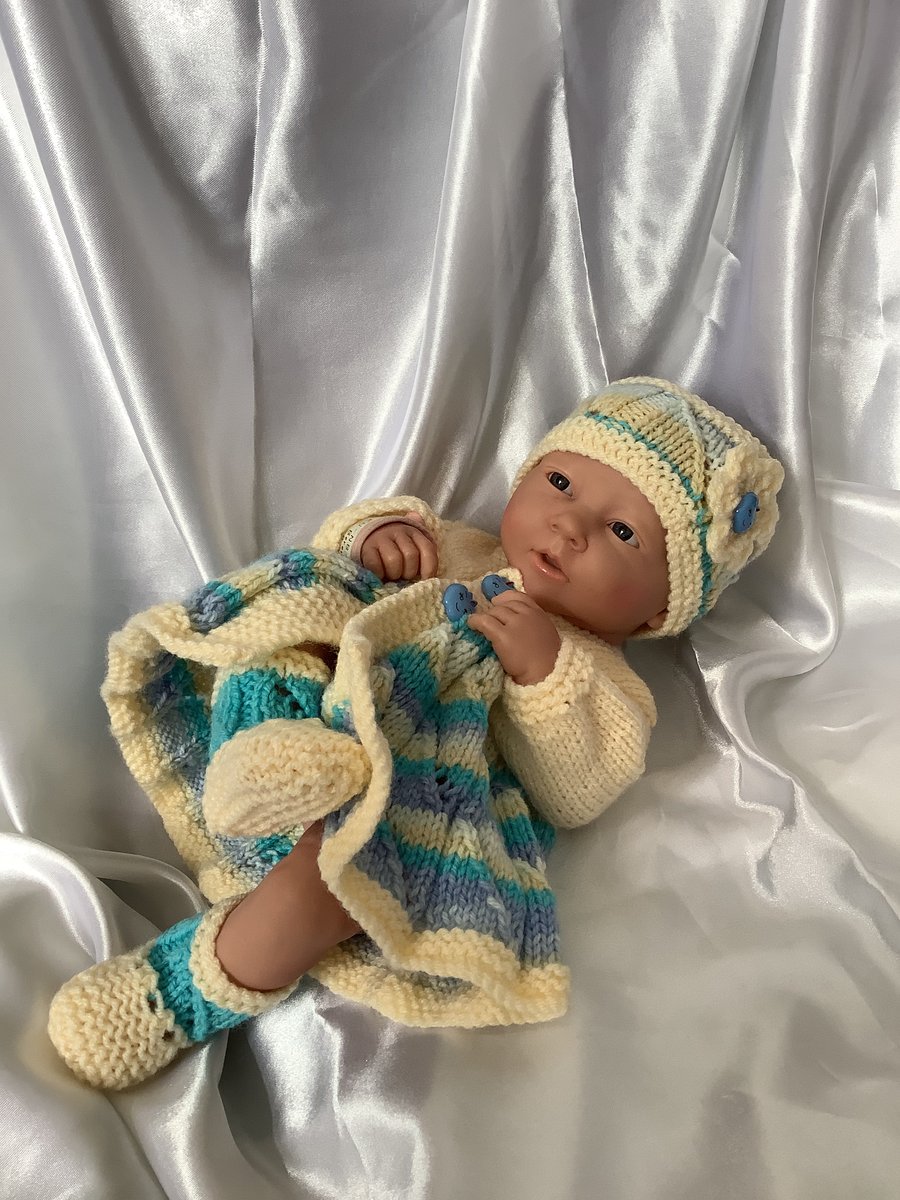 Hand knitted dolls clothes coat set for a 14” Berenguer Doll or similar 