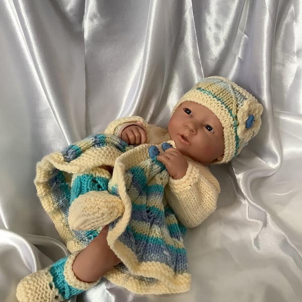Hand knitted dolls clothes coat set for a 14” Berenguer Doll or similar 