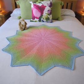 Pink baby blanket, green, peach, hand crochet, baby girl
