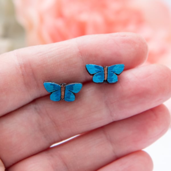 Hand Painted Wooden Butterfly Earrings, Blue Butterfly Studs, Butterflies, Studs