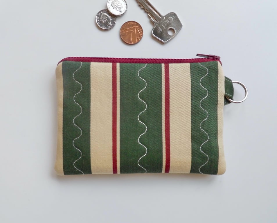 Purse small size in dark green striped Laura Ashley fabric
