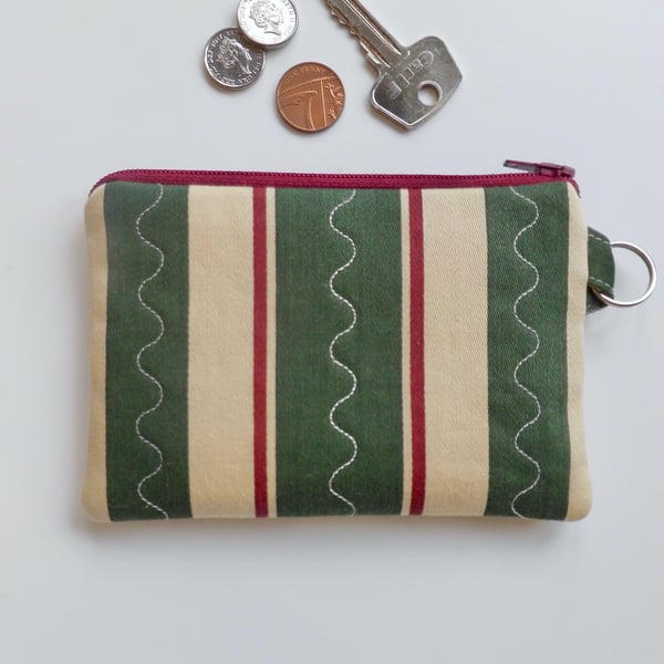 Purse small size in dark green striped Laura Ashley fabric