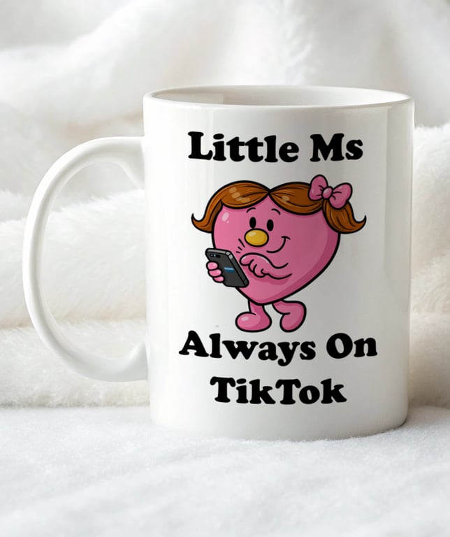Funny TikTok Mug – Little Ms Always On TikTok – Cute Pink Cartoon Mug – Social