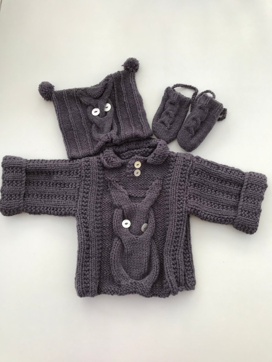 Hand knitted baby jumper, hat and mittens with an owl design