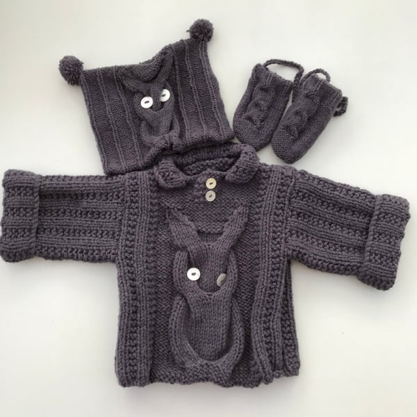 Hand knitted baby jumper, hat and mittens with an owl design