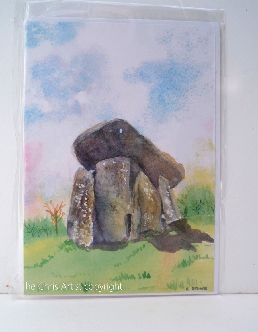 Greetings card Trethevy Quoit standing stones Cornwall from original watercolour