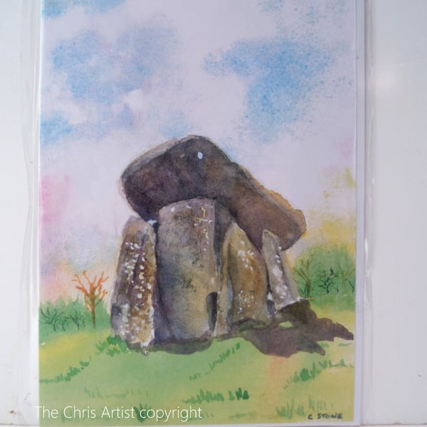 Greetings card Trethevy Quoit standing stones Cornwall from original watercolour