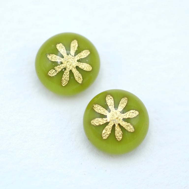 Green Fused Glass 22ct Gold Flower Stud Earrings