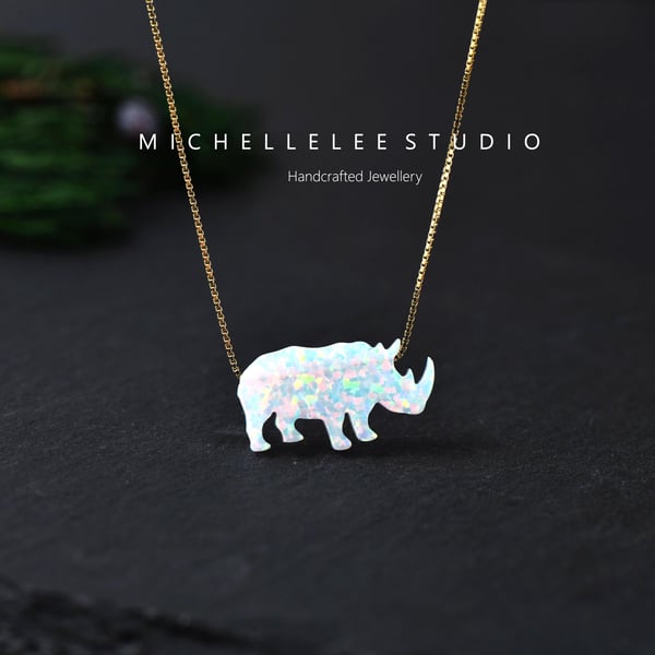 White Opal Rhino Necklace with Sterling Silver Chain
