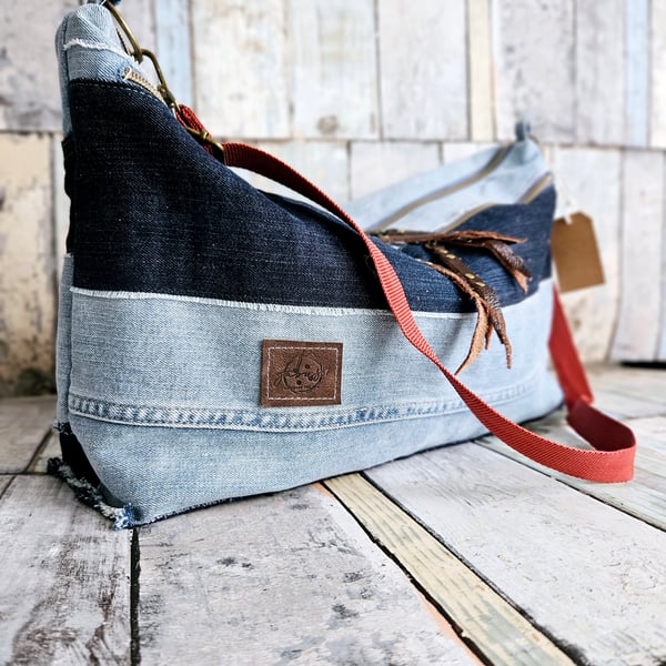 Recycled jeans slouchy bag, big denim handbag for weekend, double zipper bag