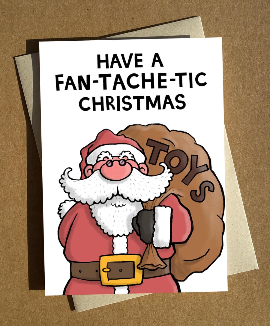 Santa Moustache Pun Christmas Card A6 - Curly Mustache, Beard, Tache