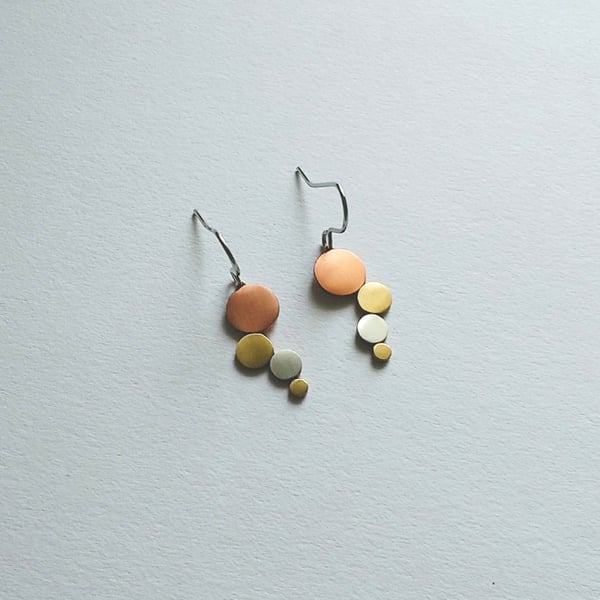 Pebbles Curved Short Earrings, Copper, Brass & Silver