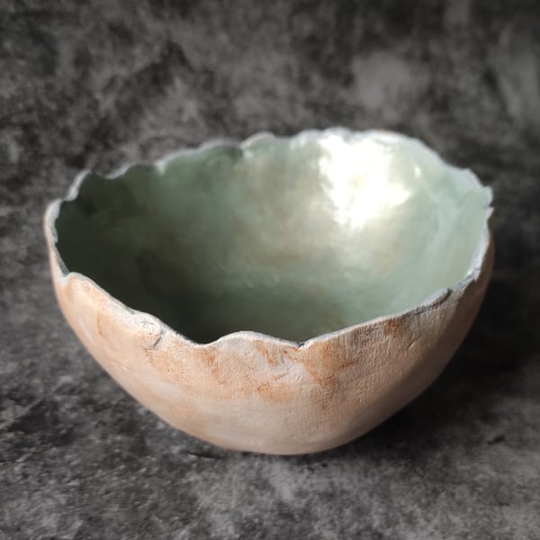 Coastal Inspired Bowl with Mother of Pearl Interior, Artisan Wabi Sabi Decor
