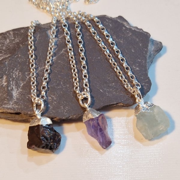 Raw gemstone (birthstone) pendant necklace with sterling silver chain