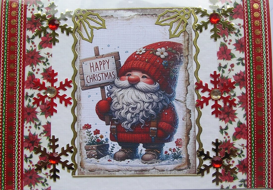 Hand Crafted Decoupage Chistmas Card - Happy Christmas (2971) Xmas Gnome