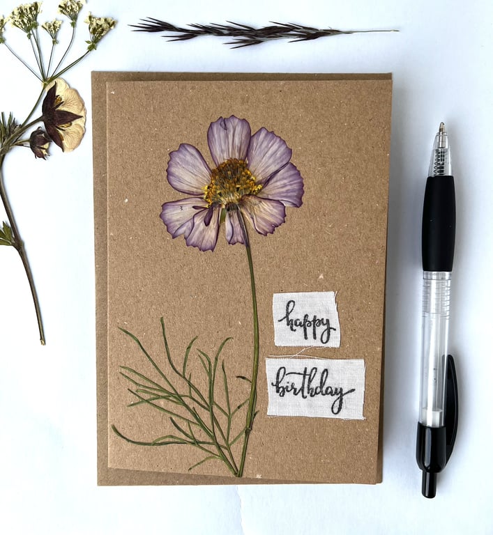 Birthday Card, Handmade Real Pressed Cosmos, Greeting Card