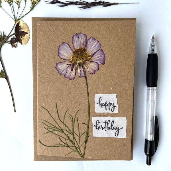 Birthday Card, Handmade Real Pressed Cosmos, Greeting Card