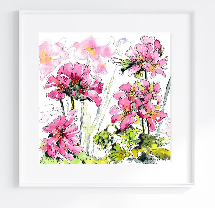 Pink Geranium - Print of Original Pen Watercolour Art in Mount English French