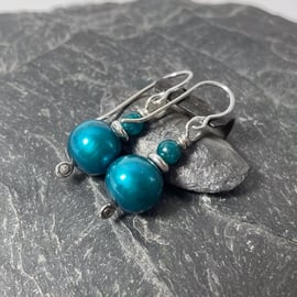 Silver bright blue pearl and apatite earrings