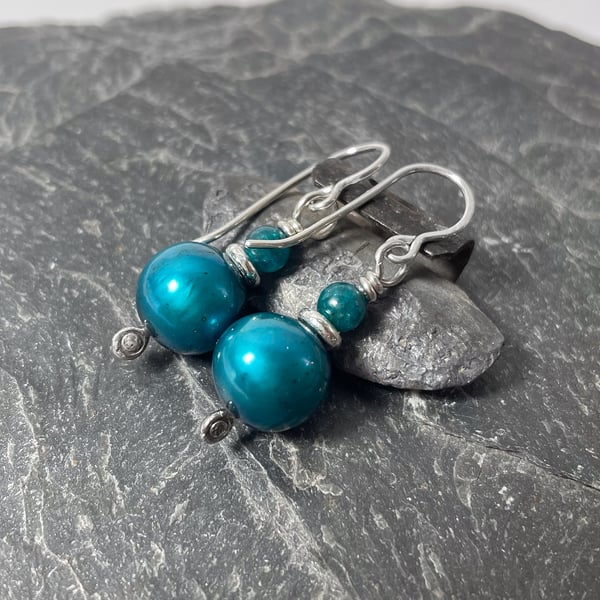 Silver bright blue pearl and apatite earrings