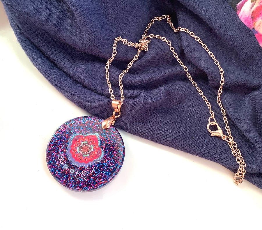 Resin pendant necklace, rose gold coated chain, mandala design